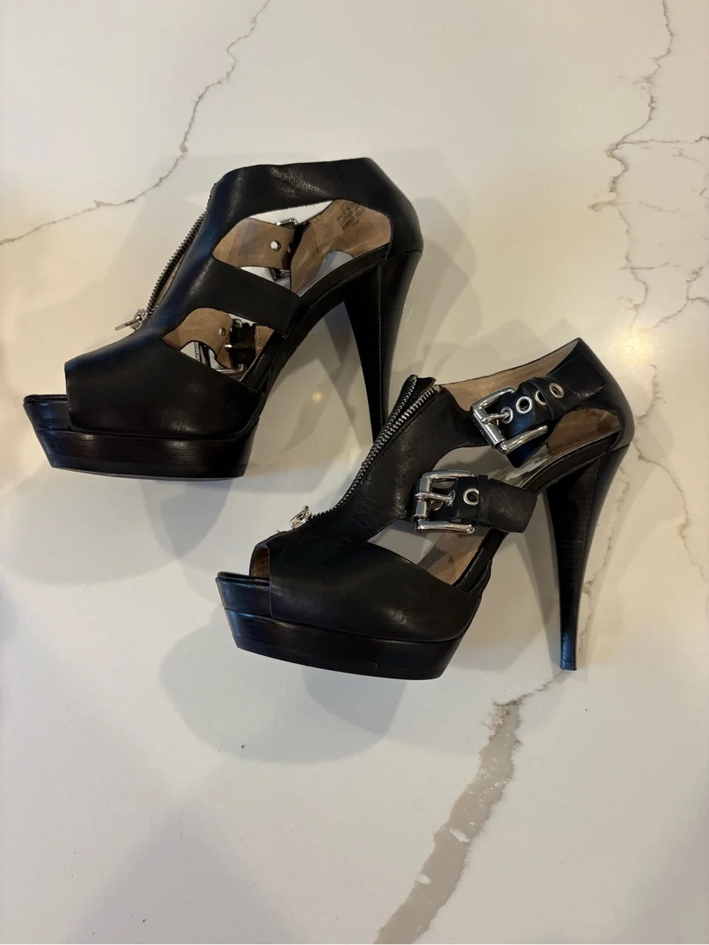 MICHAEL Michael Kors Black Leather Platform Heels Size 10 Buckle Zip